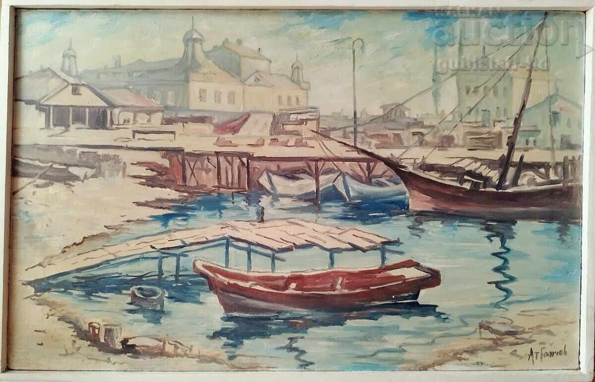 Картина "Бургаското пристанище", худ. Ат. Ганчев, 1980-те г.