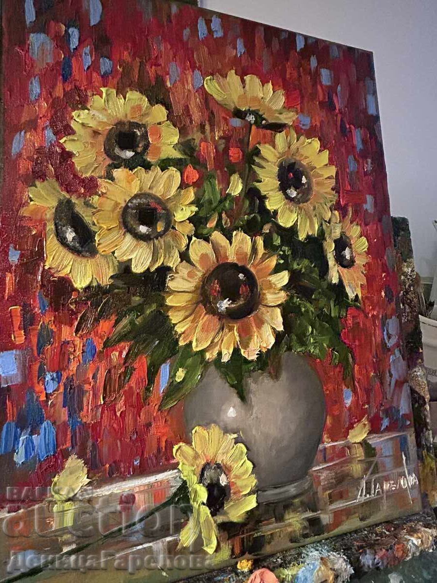 Denitsa Garelova Oil Painting 30/40 "Sunflowers" with price 120.00 BGN | € 61.36