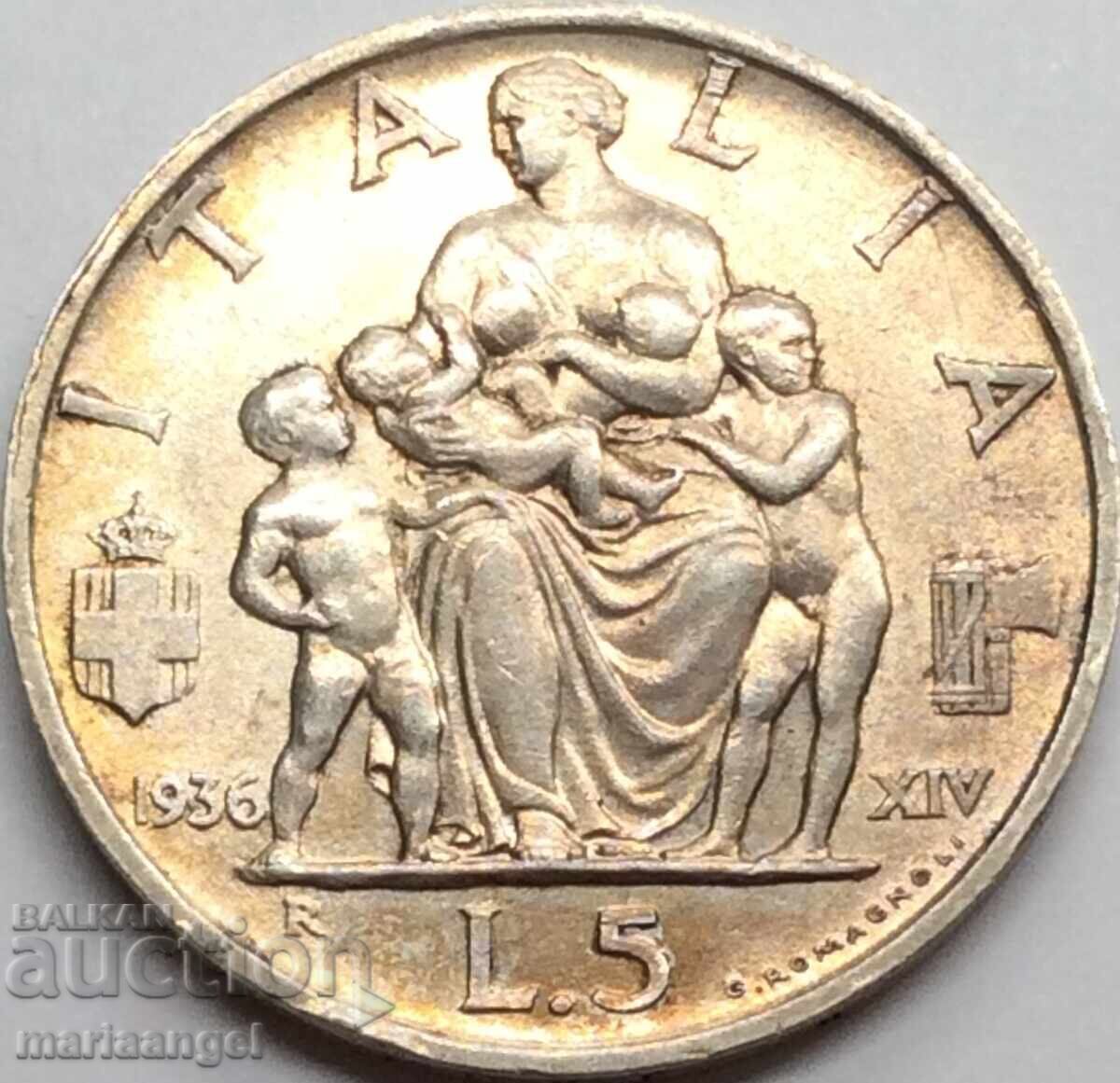 Licitație 5 Lire 1936 Italia Argint UNC Aur Patină