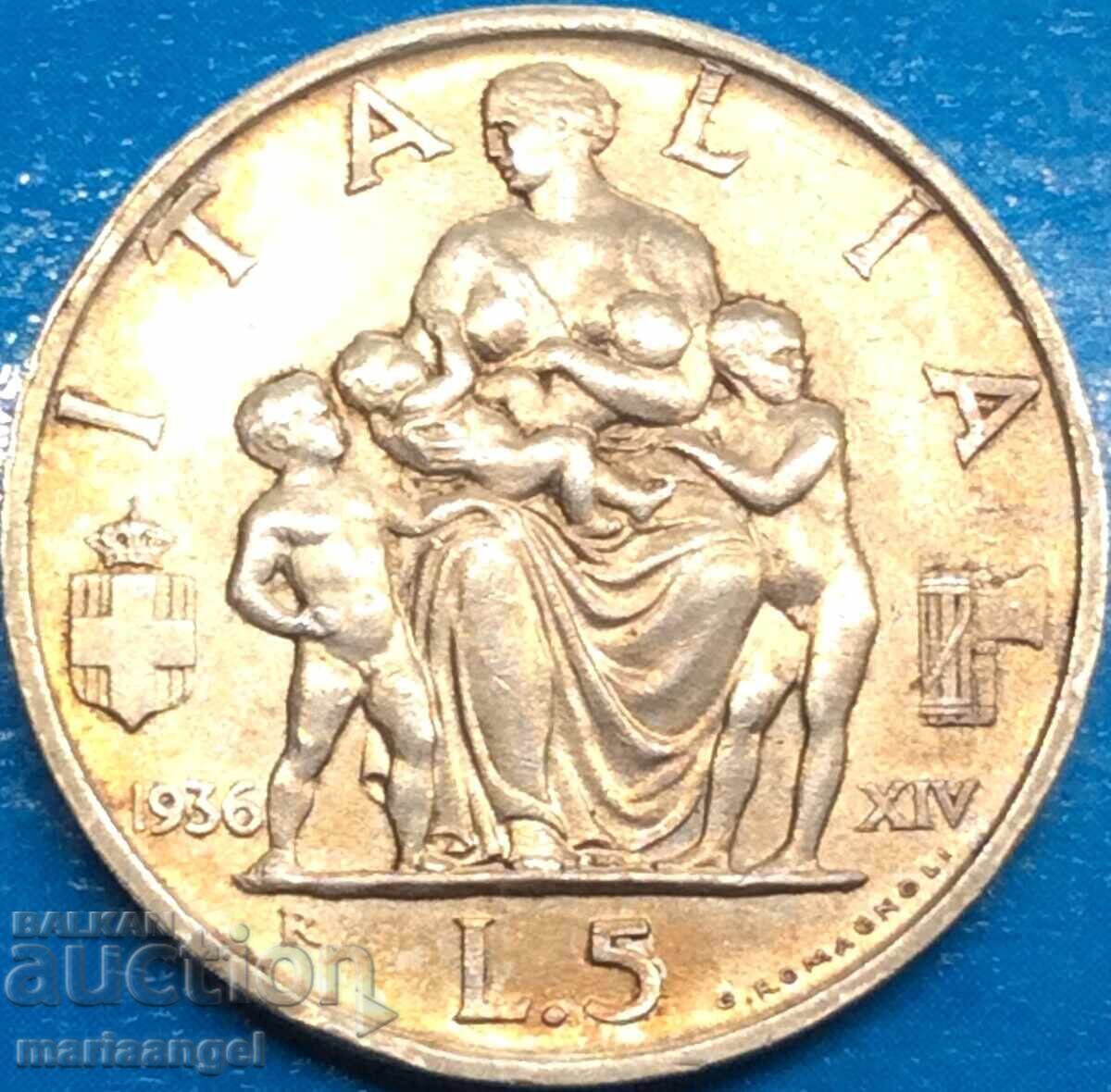 5 Lire 1936 Italia Argint UNC Aur Patină - 7