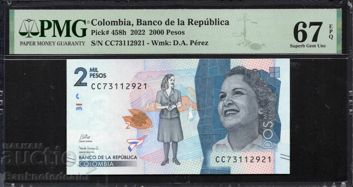 Colombia 2000 Pesos 2022 Pick 458h PMG 67 EPQ