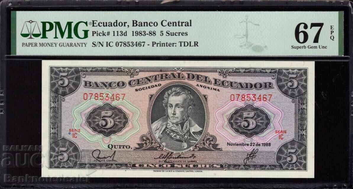 Ecuador 5 Sucres 1983 Pick 113d PMG 67 EPQ Reference 3467 Uncirculated