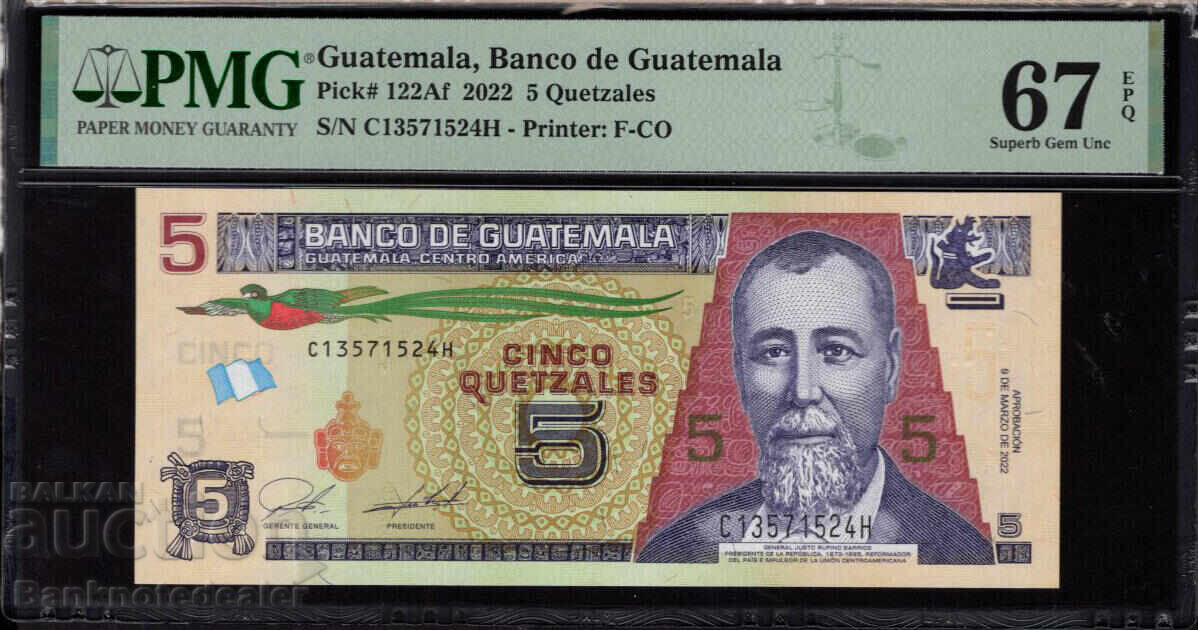 Guatemala 5 Quetzales 2022 Pick 122Af PMG 67 EPQ Ref 1524 Un