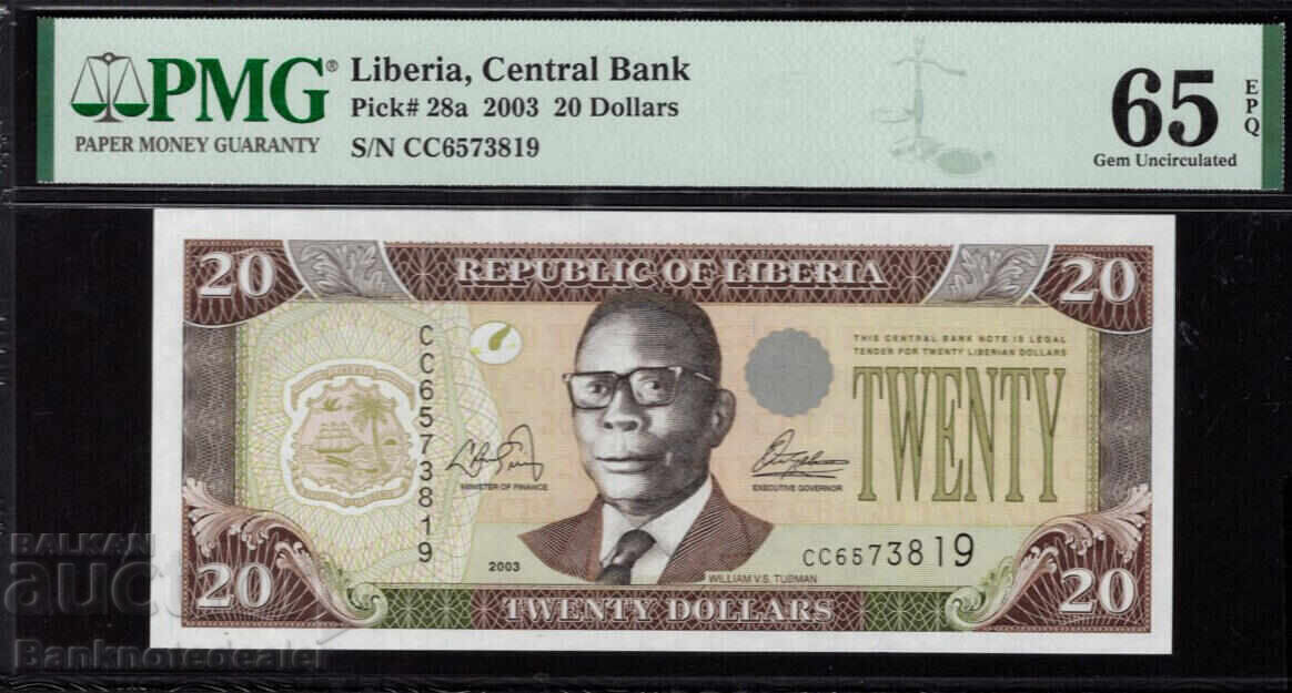 Auction  Liberia 20 Dollars 2003 Pick 28a PMG 65 EPQ Reference 3819 Uncirculated