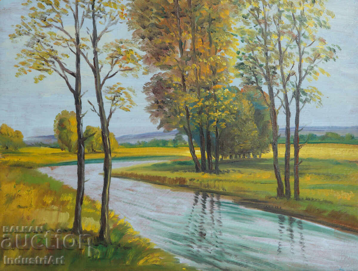 Δημοπρασία Παλιός ελαιογραφία, ανοιξιάτικο ποτάμι, τοπίο