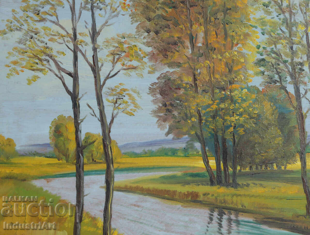 Παράδοση Παλιός ελαιογραφία, ανοιξιάτικο ποτάμι, τοπίο