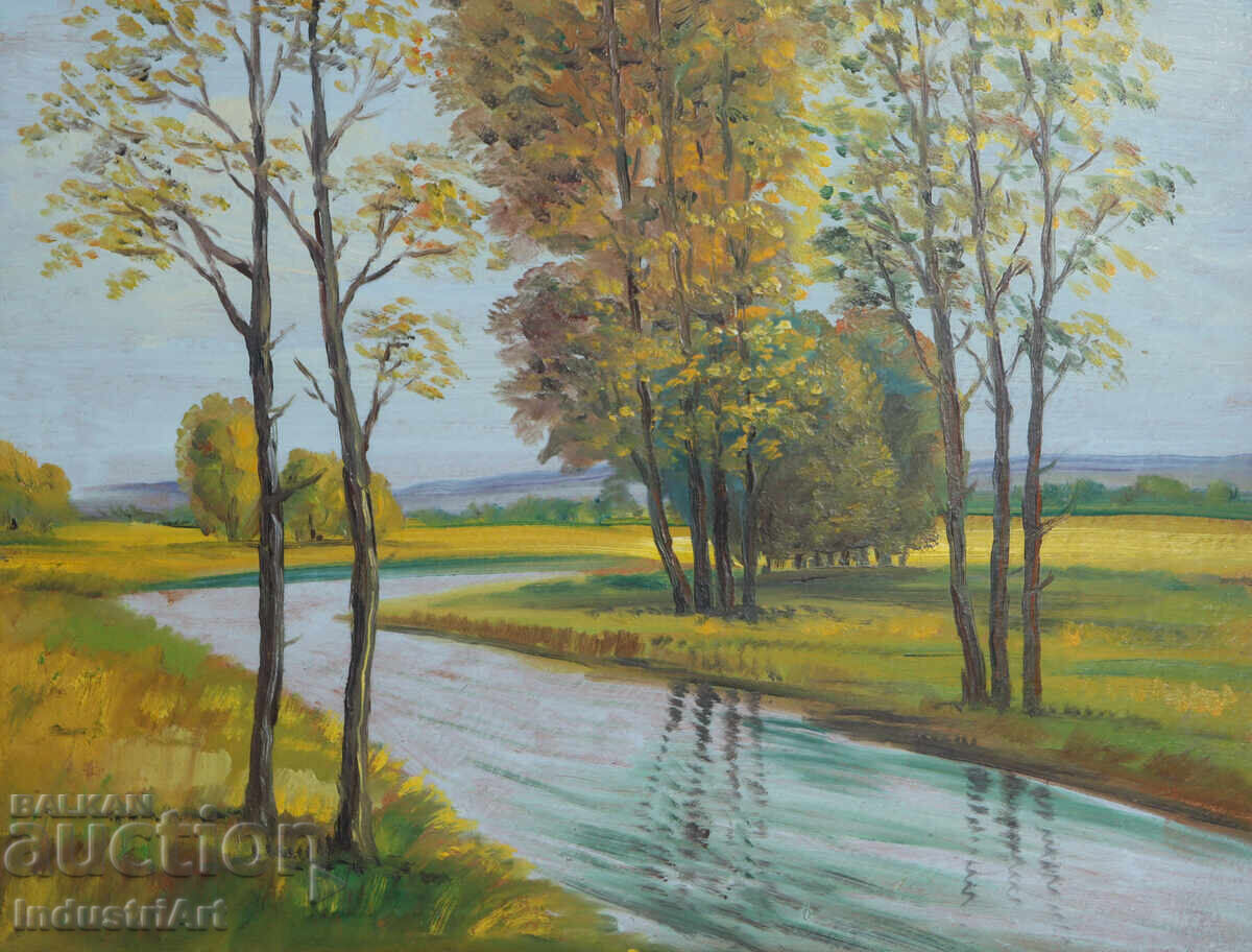 Παλιός ελαιογραφία, ανοιξιάτικο ποτάμι, τοπίο