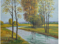 Παλιός ελαιογραφία, ανοιξιάτικο ποτάμι, τοπίο