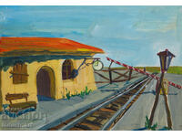 Tablou guașă gară rurală peisaj