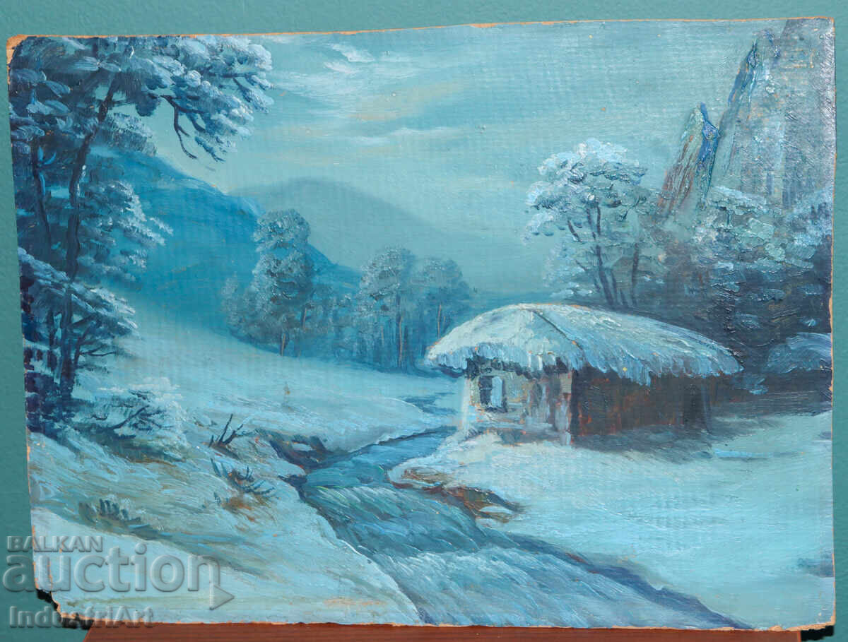 Tablou vechi, ulei pe pânză, peisaj de iarnă cu preț 180.00 BGN | € 92.03