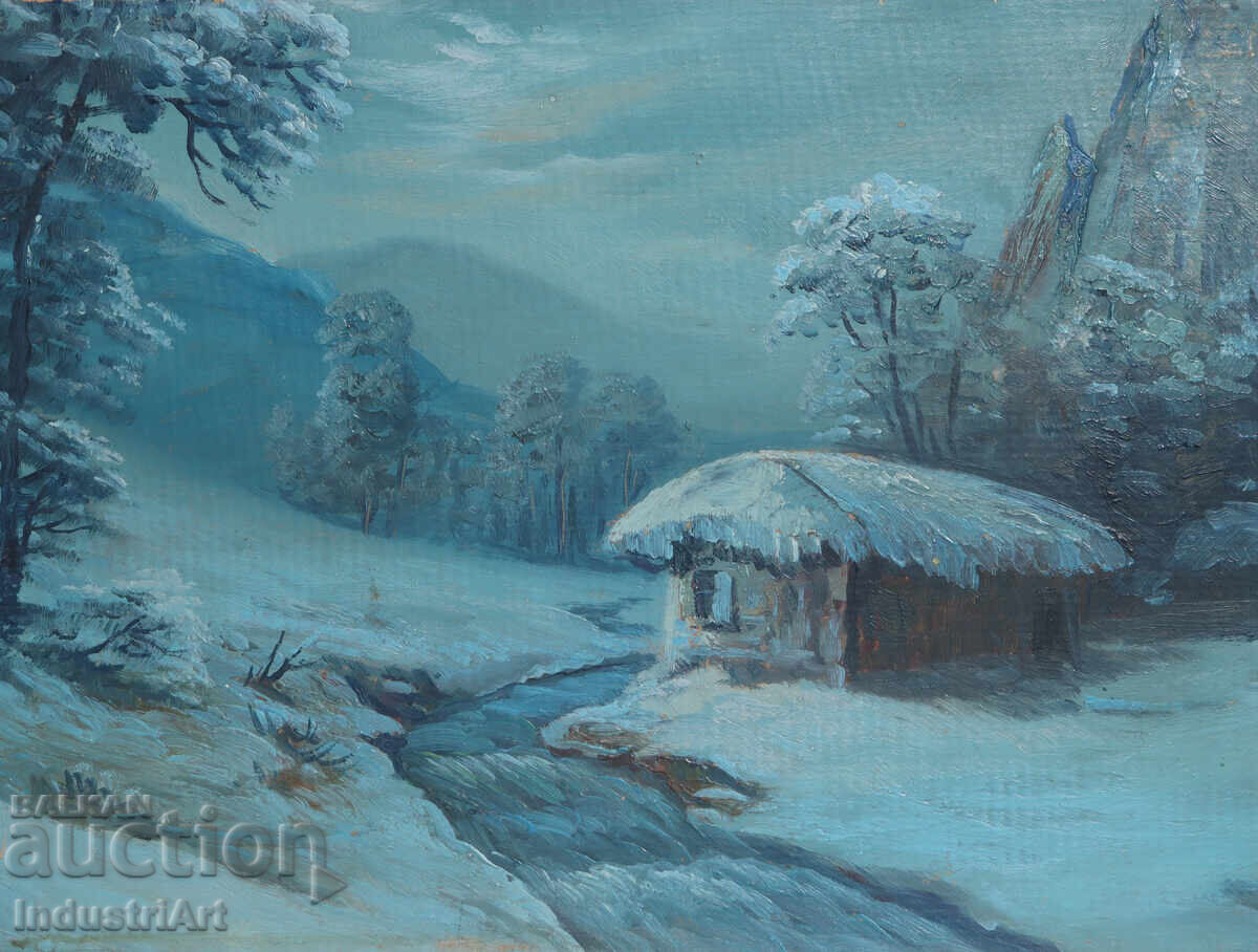 Licitație Tablou vechi, ulei pe pânză, peisaj de iarnă