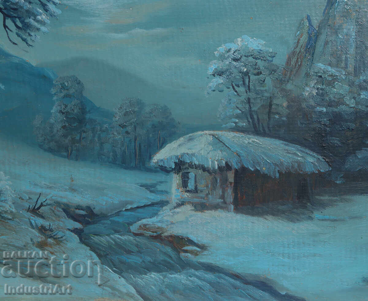 Tablou vechi, ulei pe pânză, peisaj de iarnă - 6