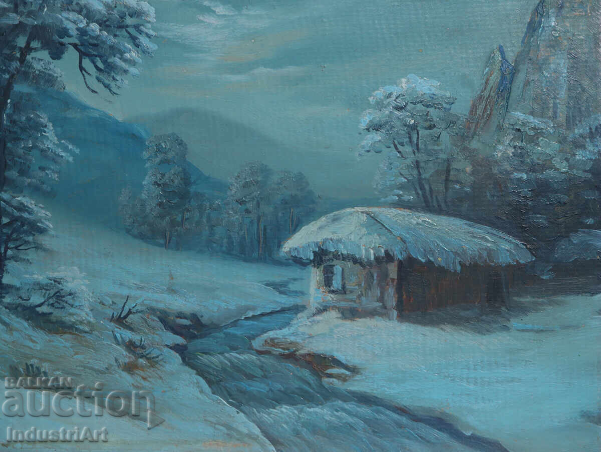 Tablou vechi, ulei pe pânză, peisaj de iarnă