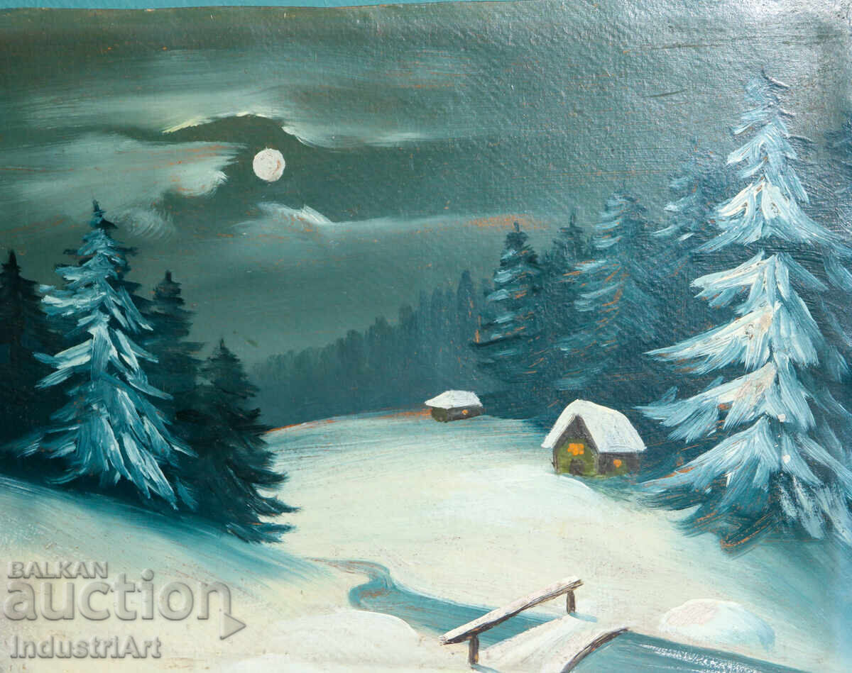 Аукцион Стара картина маслени бои зимен пейзаж Аукцион Стара картина маслени бои зимен пейзаж