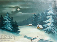 Tablou vechi, ulei pe pânză, peisaj de iarnă