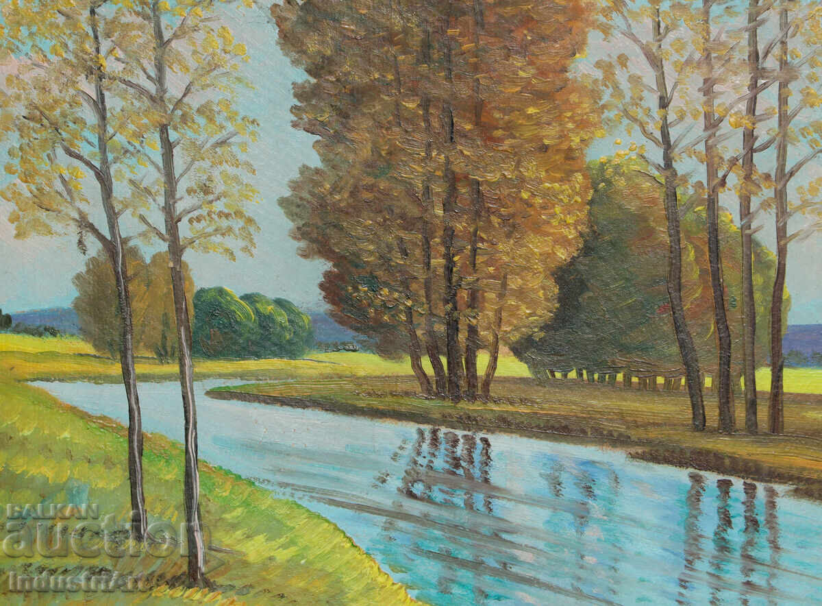 Παράδοση Παλιός ελαιογραφία, ανοιξιάτικο ποτάμι, τοπίο