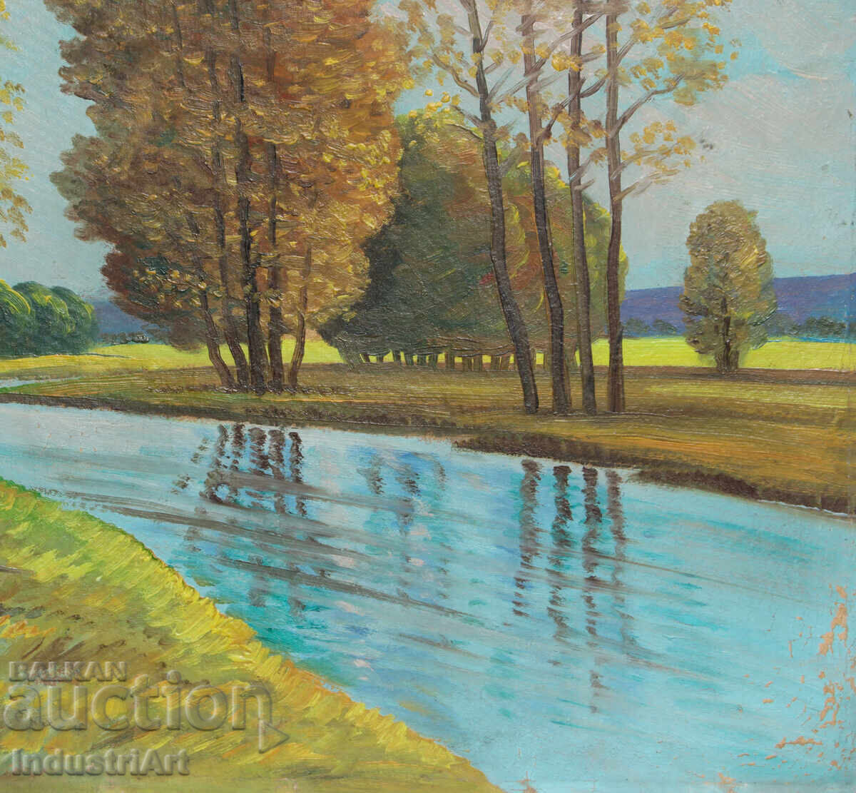 Παλιός ελαιογραφία, ανοιξιάτικο ποτάμι, τοπίο - 5