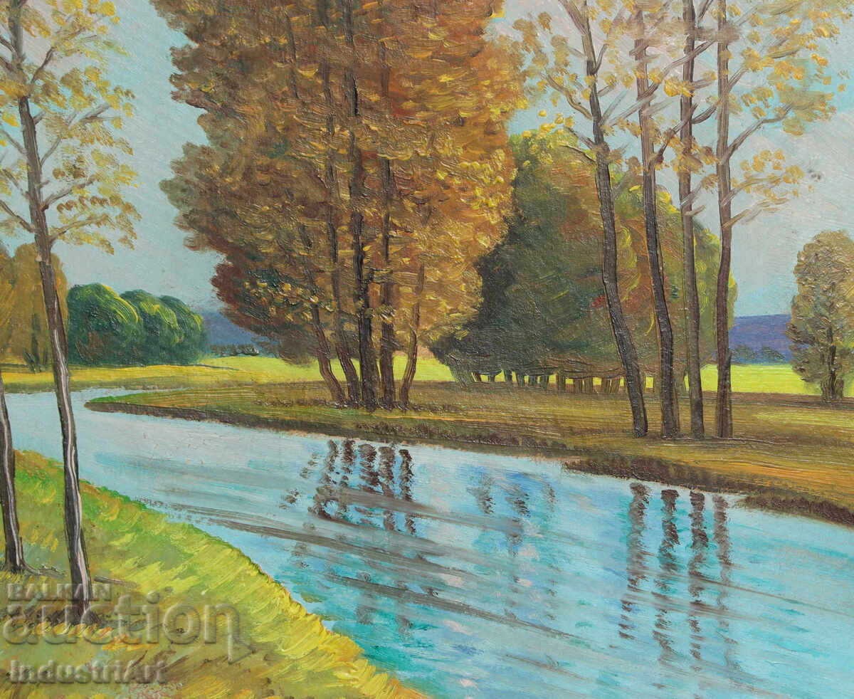 Παλιός ελαιογραφία, ανοιξιάτικο ποτάμι, τοπίο - 6