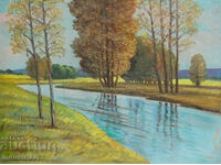 Παλιός ελαιογραφία, ανοιξιάτικο ποτάμι, τοπίο