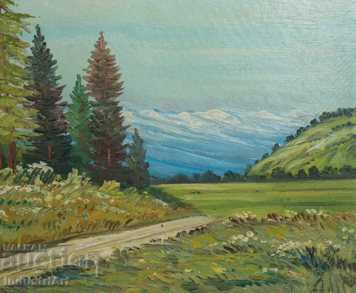 Tablou vechi, ulei pe pânză, peisaj montan - 5