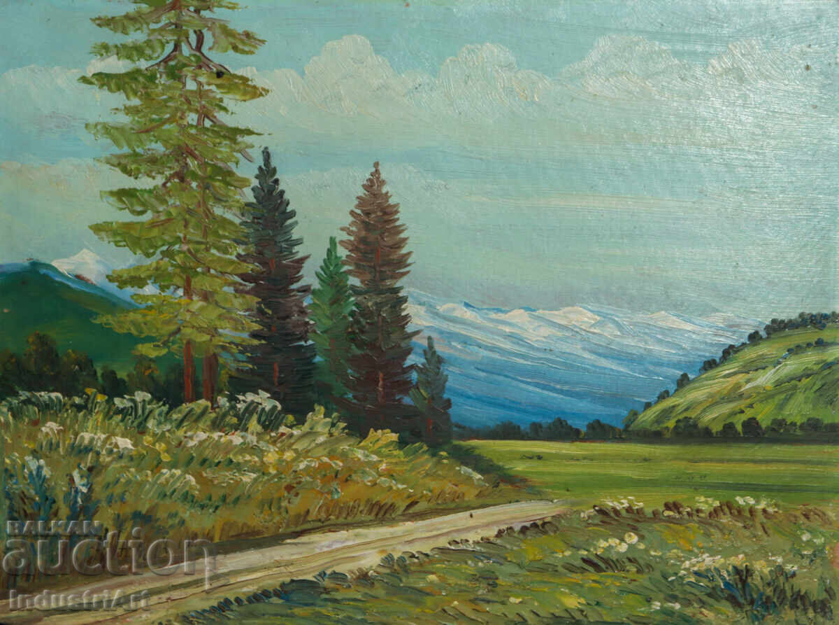 Tablou vechi, ulei pe pânză, peisaj montan