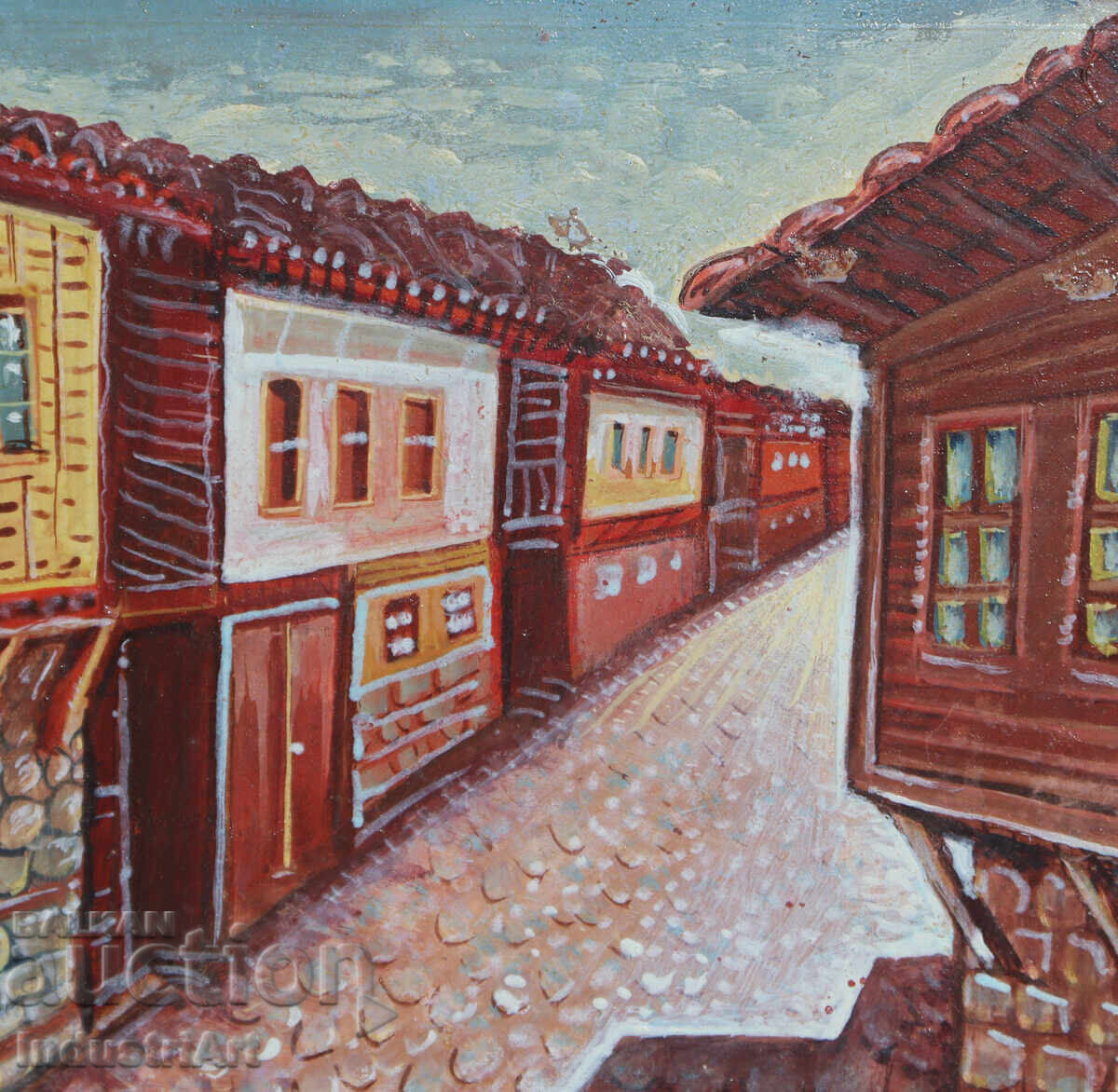 Средата на XX век картина маслени бои наивистичен пейзаж - 5