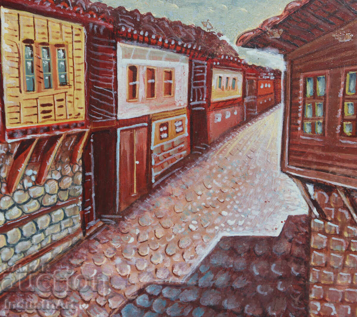 Средата на XX век картина маслени бои наивистичен пейзаж - 6