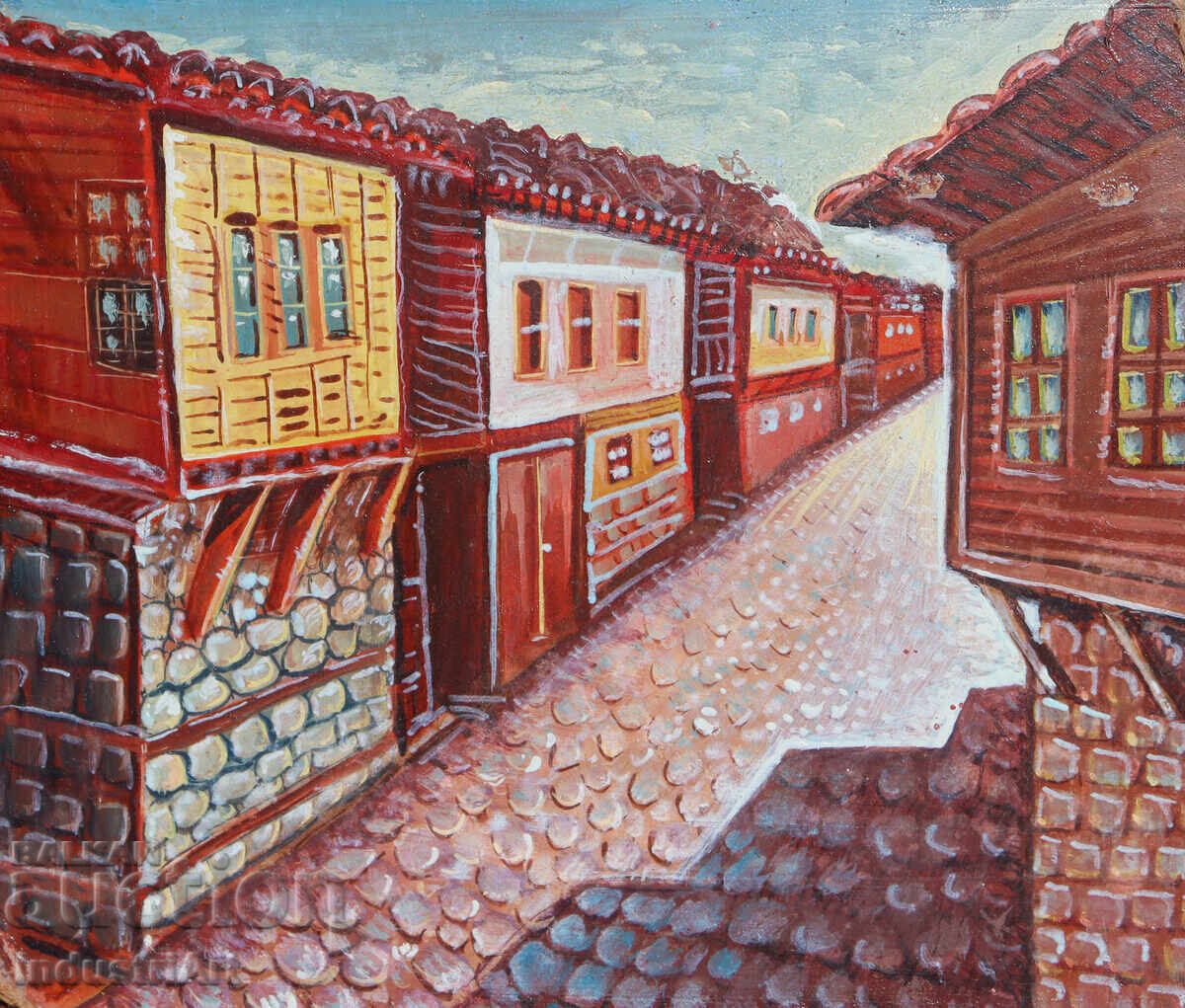 Средата на XX век картина маслени бои наивистичен пейзаж