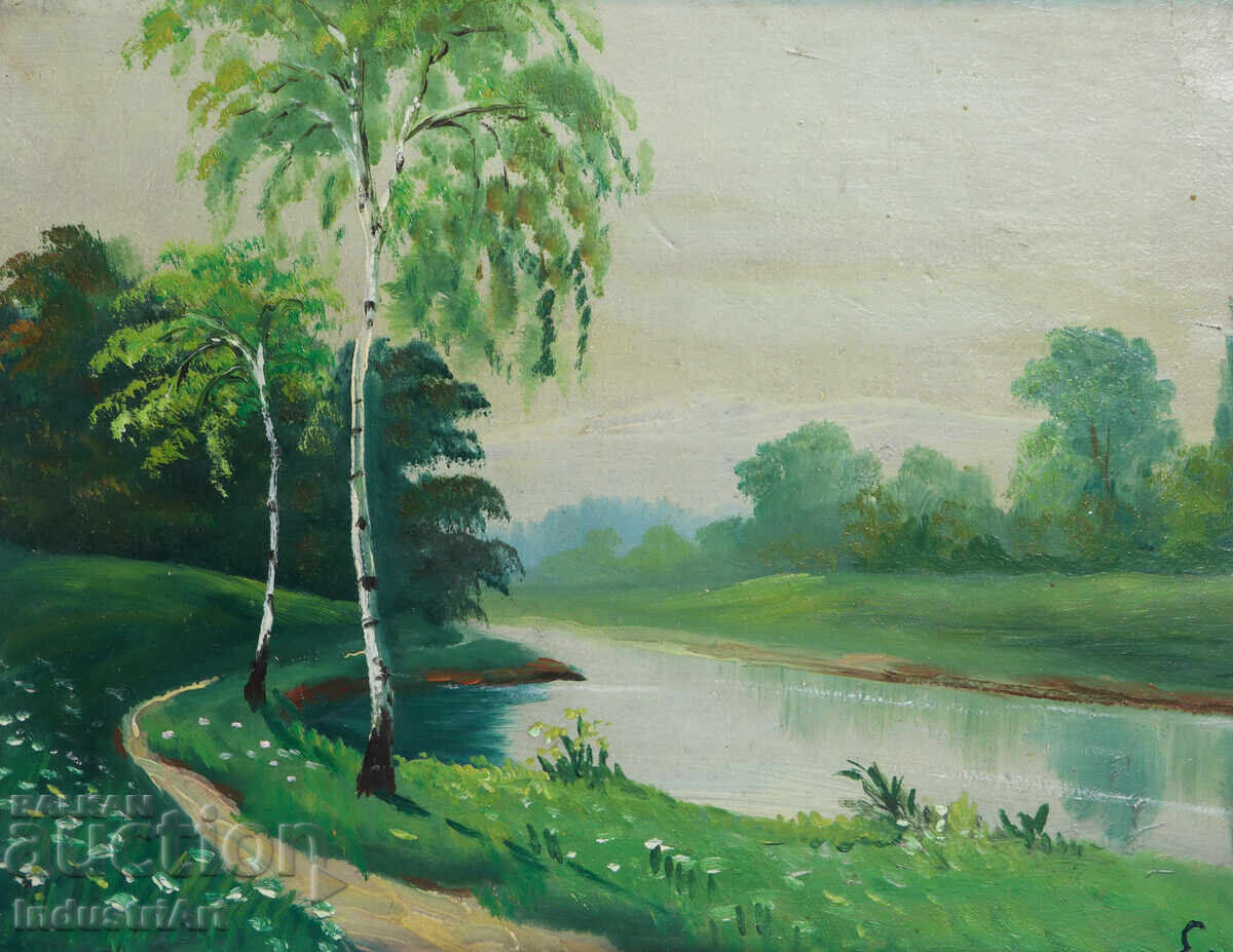 Παλιά ελαιογραφία, ποτάμιο τοπίο με τιμή 220.00 BGN | € 112.48