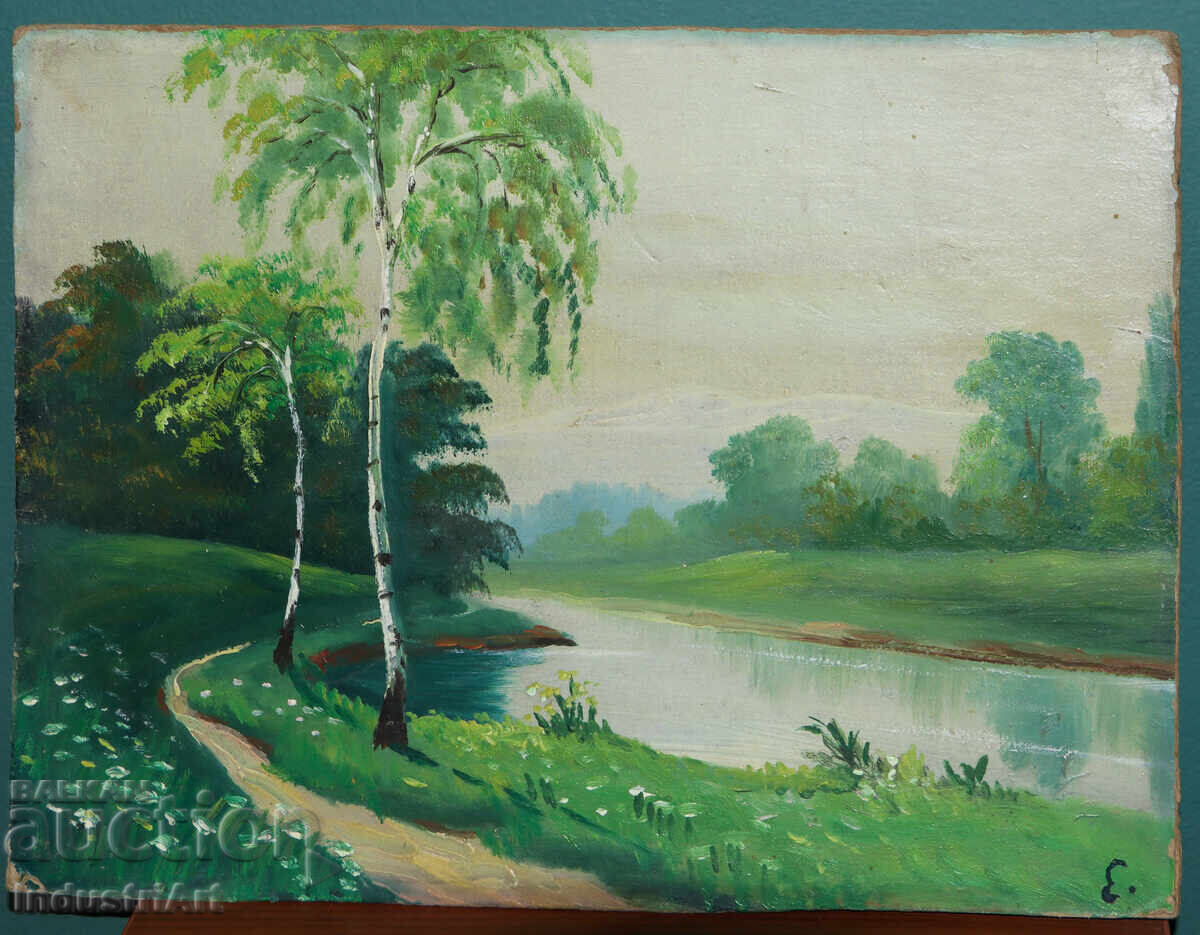 Δημοπρασία Παλιά ελαιογραφία, ποτάμιο τοπίο
