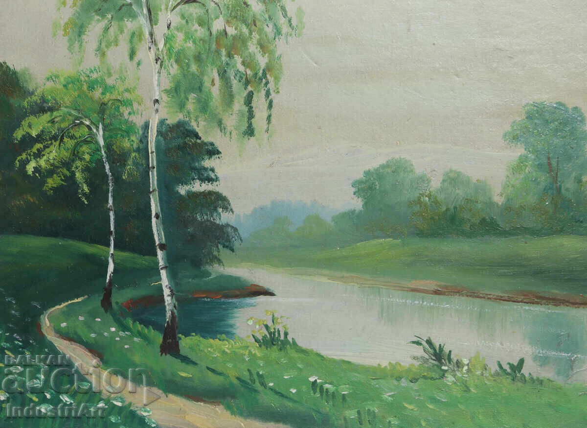 Παλιά ελαιογραφία, ποτάμιο τοπίο - 5