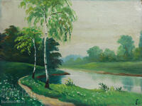 Old oil painting, river landscape