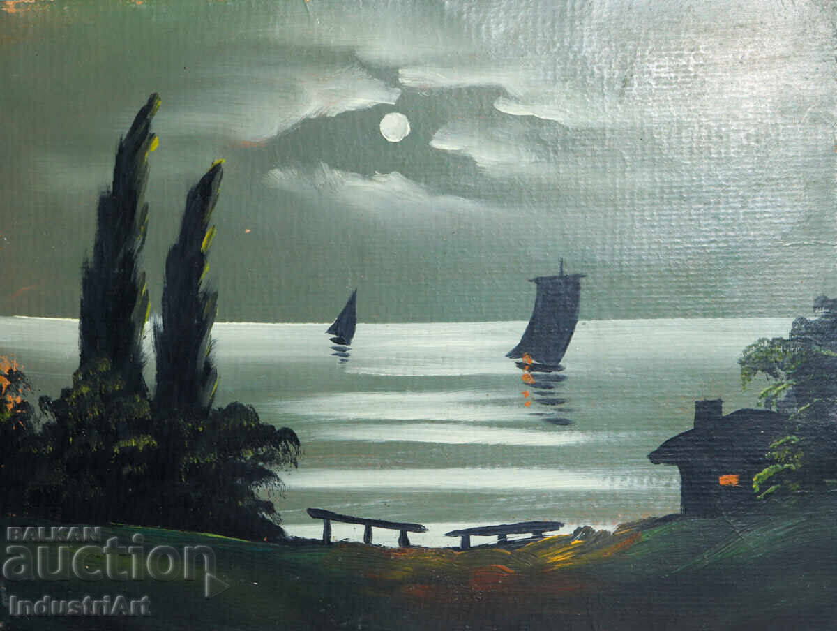 Δημοπρασία Παλιά ελαιογραφία, νυχτερινό θαλασσινό τοπίο