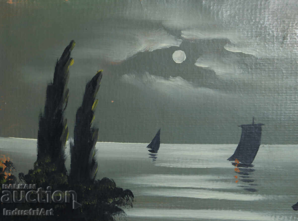 Παράδοση Παλιά ελαιογραφία, νυχτερινό θαλασσινό τοπίο