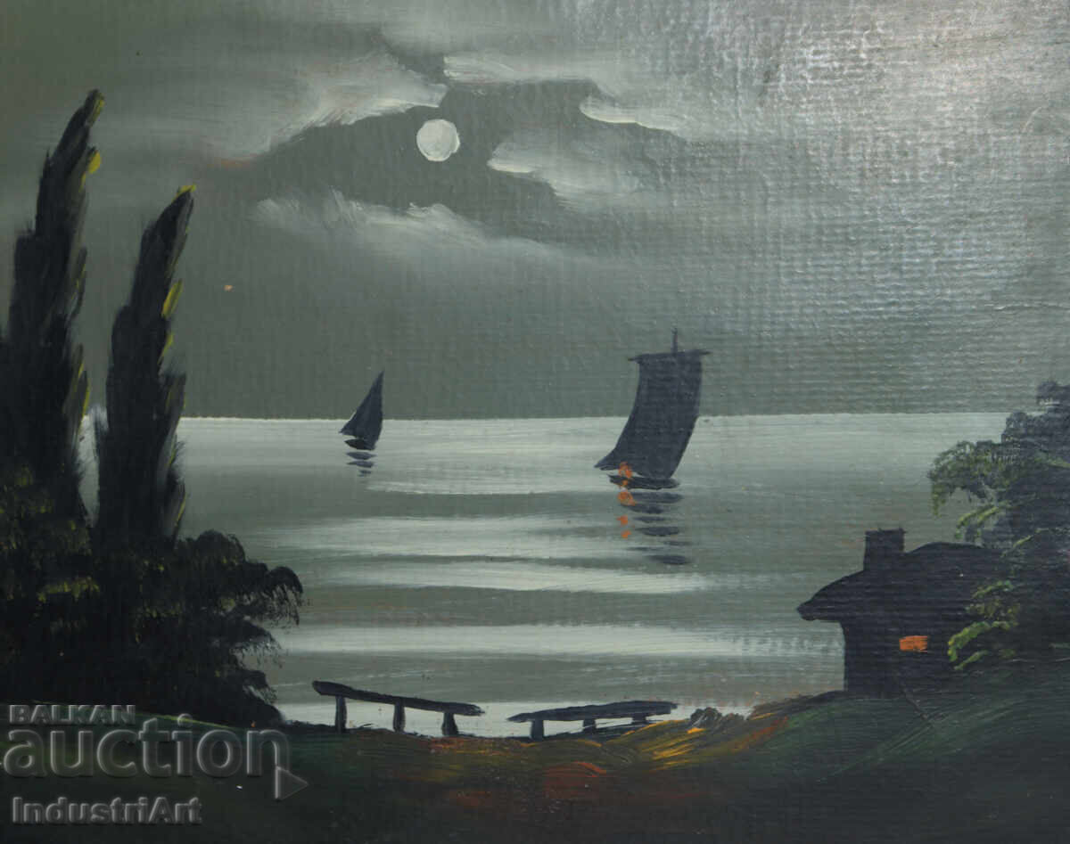 Παλιά ελαιογραφία, νυχτερινό θαλασσινό τοπίο - 5