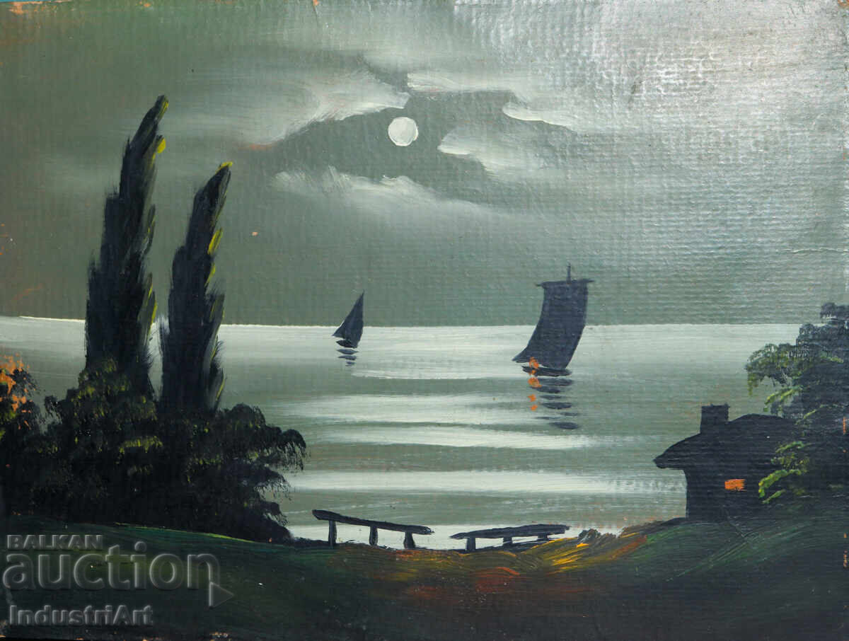 Παλιά ελαιογραφία, νυχτερινό θαλασσινό τοπίο