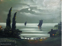 Tablou vechi, ulei pe pânză, peisaj marin nocturn