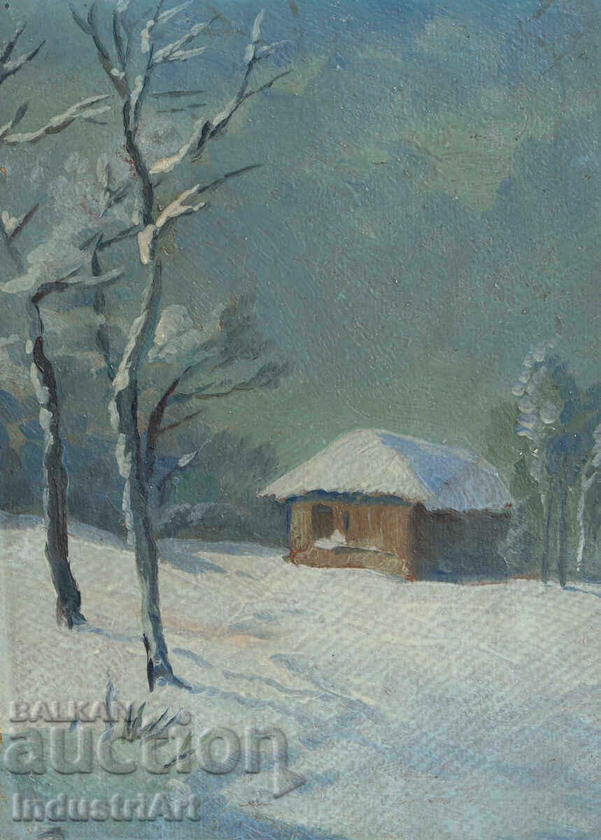 Old oil painting winter landscape