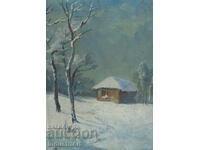 Tablou vechi, ulei pe pânză, peisaj de iarnă