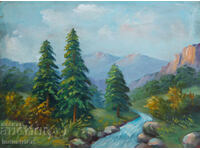 Tablou vechi, ulei pe pânză, peisaj montan