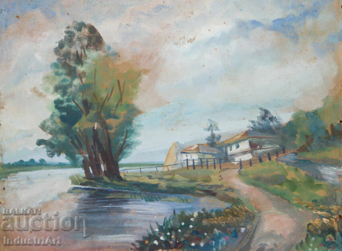 Old oil painting, pastoral landscape