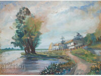 Pictură veche ulei, peisaj pastoral