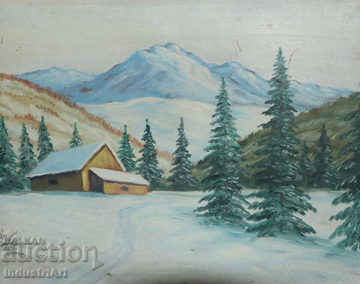 Auction  Old oil painting, winter mountain landscape