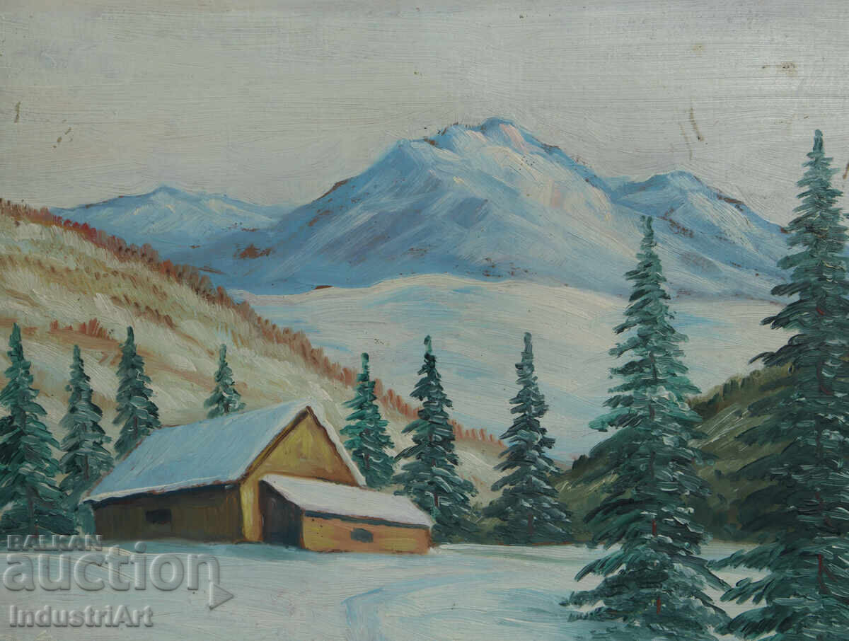 Delivery of Old oil painting, winter mountain landscape