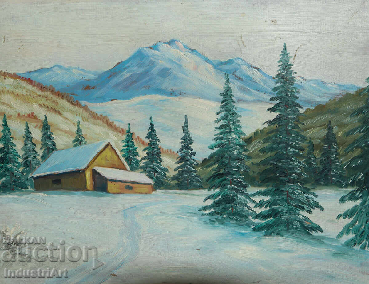 Old oil painting, winter mountain landscape