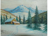 Tablou vechi, ulei pe pânză, peisaj montan de iarnă