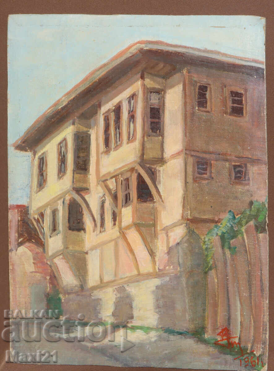 Auction  Landscape house old painting oil paints, signed 1961
