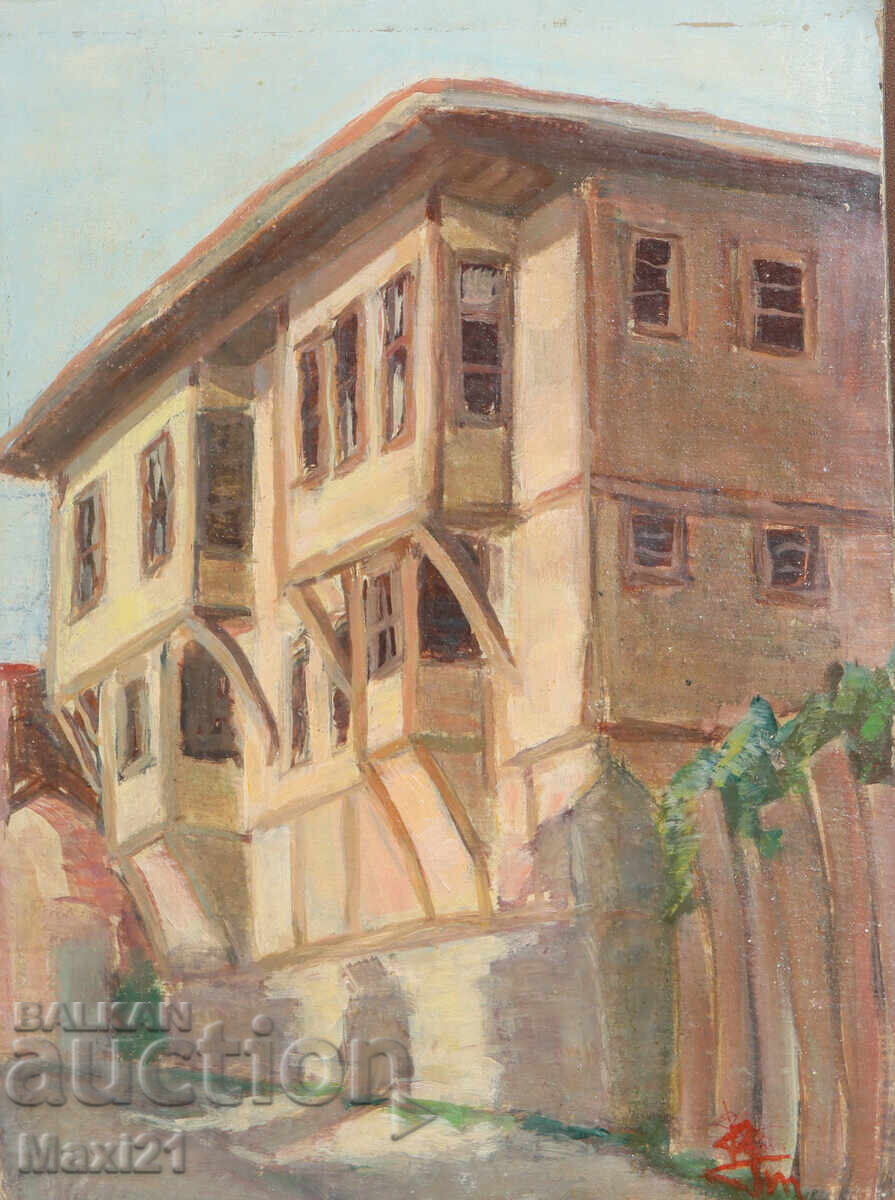 Landscape house old painting oil paints, signed 1961