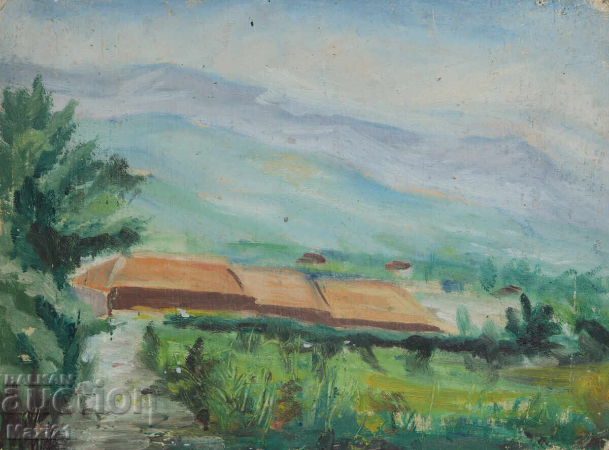 Аукцион Стара картина маслени бои селски пейзаж