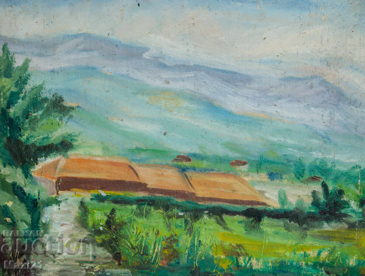 Стара картина маслени бои селски пейзаж - 5